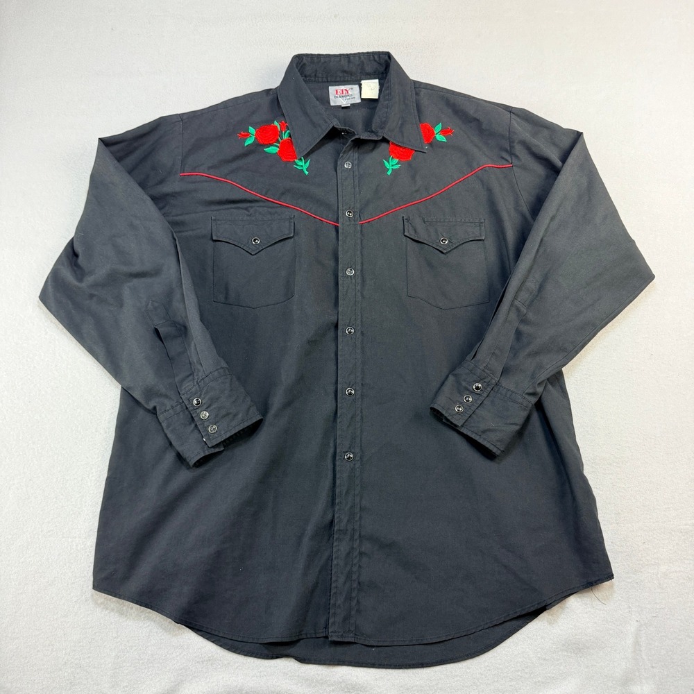 Ely Diamond Vintage Mens XL Black Rose Embroidered Western Pearl Snap Shirt